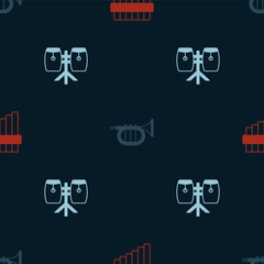 Set Pan flute, Trumpet and Conga drums on seamless pattern. Vector