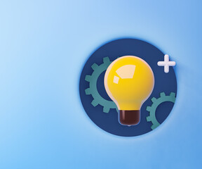 3d yellow light bulb with gear on blue circle frame. 3D Illustration Rendering.