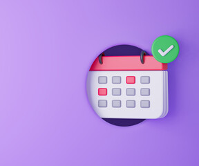 3d calendar icon with check mark on purple background. 3d rendering illustration