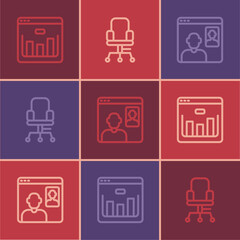 Set line Browser with stocks market, Video chat conference and Office chair icon. Vector