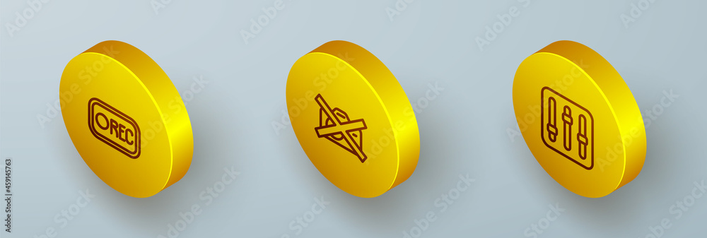 Sticker set isometric line record button, prohibition no video recording and sound mixer controller icon. ve