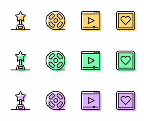 Set line Online play video, Movie trophy, Film reel and Like heart icon. Vector