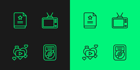 Set line CD disk award in frame, Romantic movie, Scenario and Retro tv icon. Vector