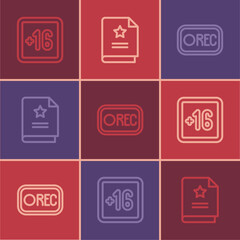 Set line Plus 16 movie, Record button and Scenario icon. Vector