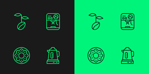 Set line Electric kettle, Donut, Coffee beans and machine icon. Vector