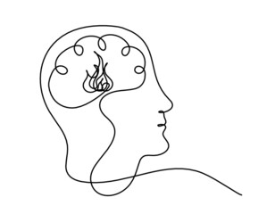 Man silhouette brain as line drawing on white background. Vector