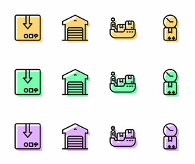 Set line Cargo ship with boxes delivery, Carton cardboard, Warehouse and Cardboard clock icon. Vector