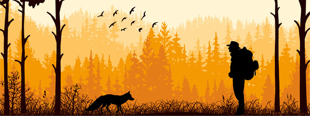 Horizontal banner. Silhouette of tourist and fox standing on meadow in forrest. Silhouette of man, animal, trees, grass. Magical misty landscape, fog. Orange and brown illustration. Bookmark.