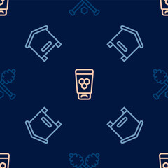 Set line Honey dipper stick, Hive for bees and Cosmetic tube with honey on seamless pattern. Vector