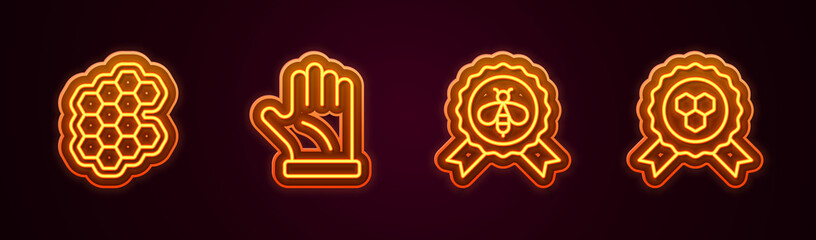 Obraz premium Set line Honeycomb, Beekeeper glove, Best bee and award. Glowing neon icon. Vector