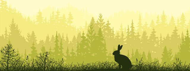 Horizontal banner. Silhouette of hare sitting on meadow in forrest. Silhouette of animal, trees, grass. Magical misty landscape, fog. Green, black illustration. Bookmark. © Anna