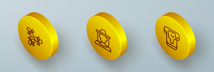 Set Isometric line Bees, Beekeeper with protect hat and Bread honey icon. Vector