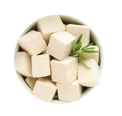 Bowl with delicious tofu and rosemary isolated on white, top view