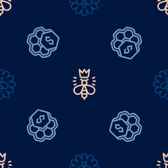 Set line Bee on flower, Sale of honeycomb and Queen bee on seamless pattern. Vector