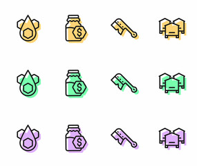 Set line Beekeeping brush, Honeycomb, Sale jar of honey and Hive for bees icon. Vector