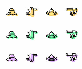 Set line Fishing float in water, Fisherman hat, Swiss army knife and rod icon. Vector