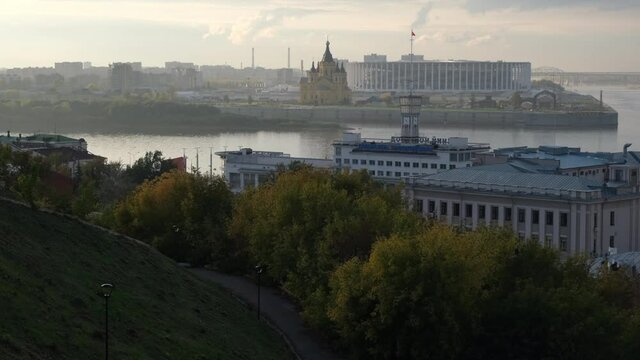 A picturesque evening autumn view from Fedorovsky embankment to the Strelka and the new Okskaya embankment