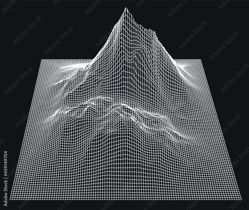 Poster 3D model of a glitched surface. Abstract vector background with distorted wireframe grid.