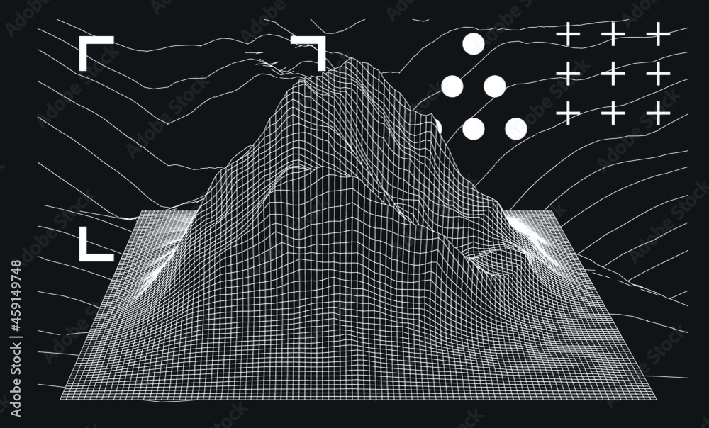Poster 3D polygonal mountain landscape in retrofuturistic style. Concept of data visualization and  machine learning.