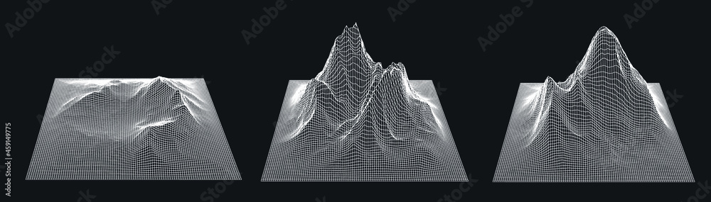 Poster Set of a glitched and distorted 3d models. Abstract vector elements with wireframe grid.