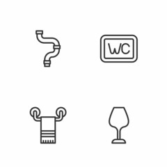 Set line Wine glass, Towel on hanger, Industry metallic pipe and Toilet icon. Vector