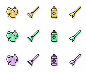 Set line Antibacterial soap, Sponge, Rubber plunger and Handle broom icon. Vector