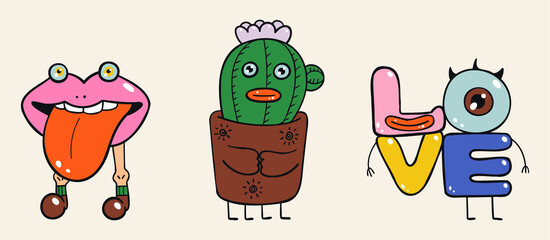 A set of three cartoon stickers with monsters. Various creepy and scary freaks on a beige background. Multi-colored characters for postcards, decor, covers, social networks. Hand drawn vector.