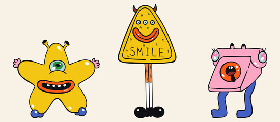 A set of three cartoon stickers with monsters. Various creepy and scary freaks on a beige background. Multi-colored characters for postcards, decor, covers, social networks. Hand drawn vector.
