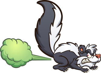 Angry cartoon skunk spraying toxic fumes. Vector clip art illustration with simple gradients. Skunk and cloud on separate layers.
 - obrazy, fototapety, plakaty
