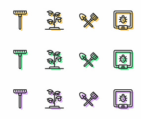 Set line Shovel and rake, Garden, Sprout and Colorado beetle icon. Vector