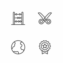 Set line Medal with star, Earth globe, Abacus and Scissors icon. Vector