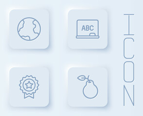 Set line Earth globe, Chalkboard, Medal with star and Pear. White square button. Vector