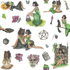 Beautiful young witches, seamless pattern.