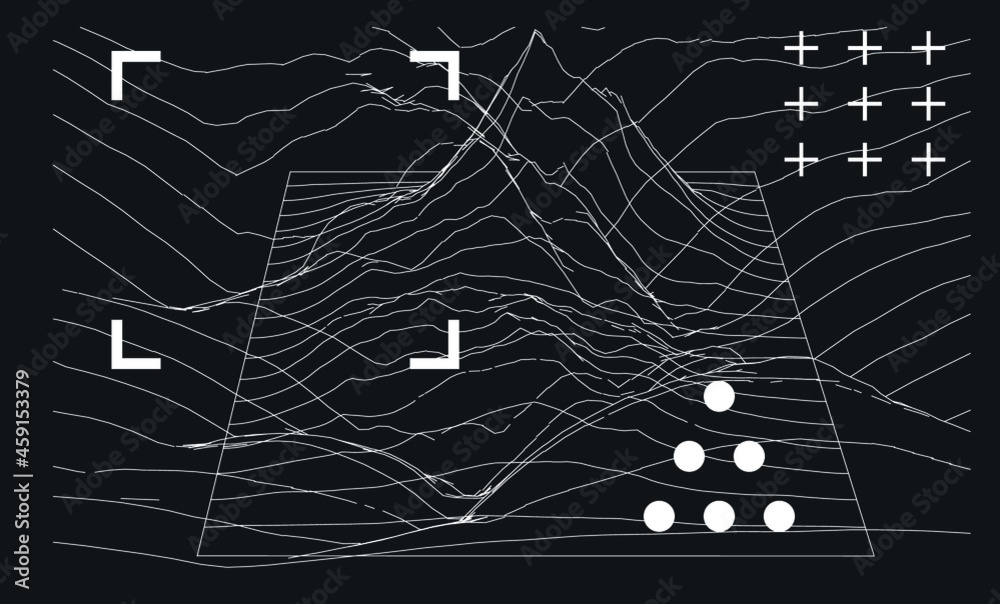 Poster 3D model of a glitched surface. Abstract vector background with distorted wireframe grid.