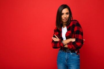 Photo of nice attractive lovely cute winsome sad upset sorrowful brown-haired woman wearing casual...