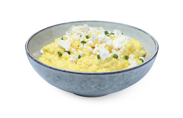 Tasty banosh with brynza and cut green onions in bowl isolated on white. Traditional Ukrainian dish