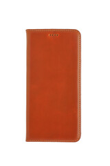 Brown leather protective case for a smartphone with cutouts for speakers. Isolated on a white background, top view.