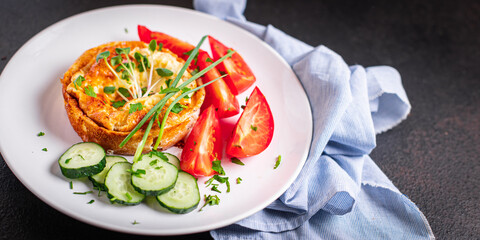 omelet vegetable fried eggs breakfast salad tomato, cucumber fresh meal snack on the table copy space food background 