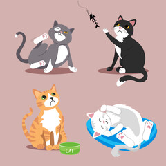 Obraz na płótnie Canvas Set of vector illustrations with funny cats. Black sad cat catches fish. A hungry ginger cat sits near an empty bowl. The white cat is sleeping. Gray cat scratches ear