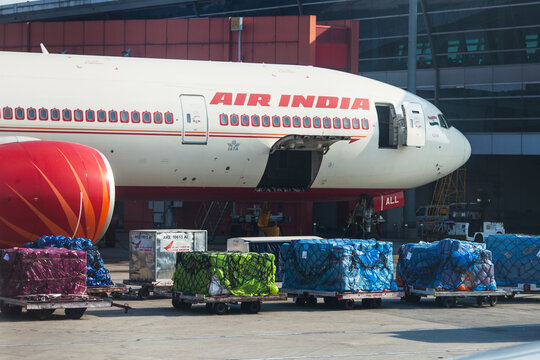 The plane of Air India, stands on loading at the airport of Delhi. In the foreground the containers prepared for loading in special grids. India, Airport of Indira Gandhi, New Delhi, on March 11, 2017