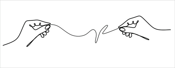 continuous drawing of a single line of a man's hand connected by a thin thread with a woman's hand - obrazy, fototapety, plakaty