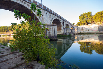 Lungo le sponde del fiume Tevere a Roma. Ponti antichi, castel sant'angelo - obrazy, fototapety, plakaty