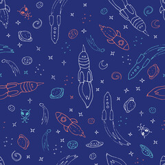 Hand-drawn space pattern with stars and rockets