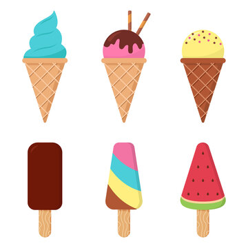 Collection of Ice Cream Waffle Cone and Ice Cream on Stick. Summer Icecream Set with Chocolate, Watermelon on White Background. Frozen Sweet Sundae. Isolated Vector Illustration