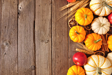 Fall side border of pumpkins, apples and spices. Top view on a rustic dark wood background with...