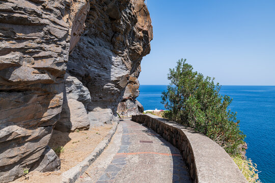 Salina island (Aeolian archipelago), Messina, Sicily, Italy, 08.17.2021: panoramic view along the way  to Scario beach in Malfa.