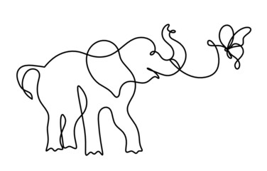 Silhouette of abstract elephant as line drawing on white. Vector