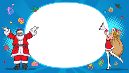 Obraz premium Santa woman holding megaphone and santa claus with White board
