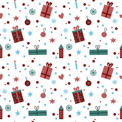 winter seamless pattern for wrapping paper. Christmas presents, boxes, stars on white background. vector Illustration