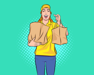 Smile Delivery woman employee courier holding paper packet with food